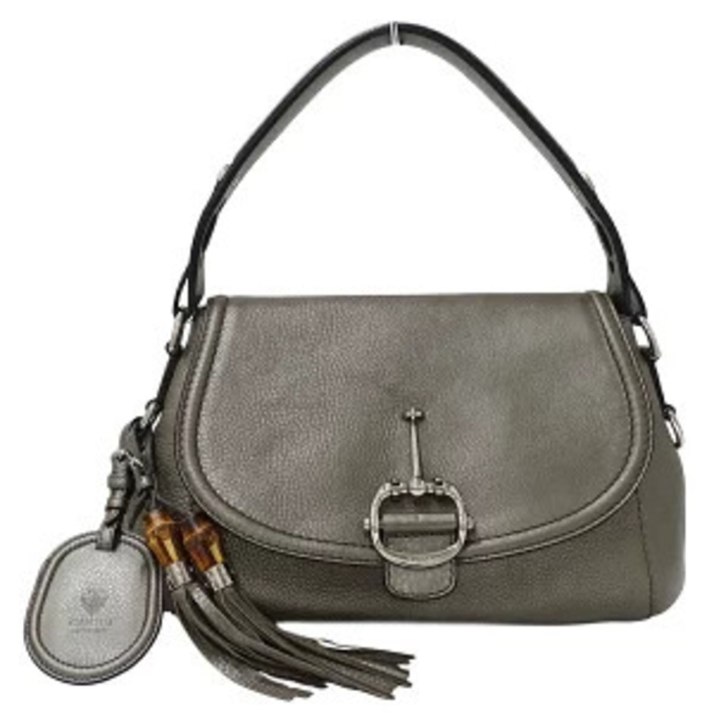 Gucci Bag Shoulder Horsebit Bamboo Leather Bronze Tan Metallic Gray One